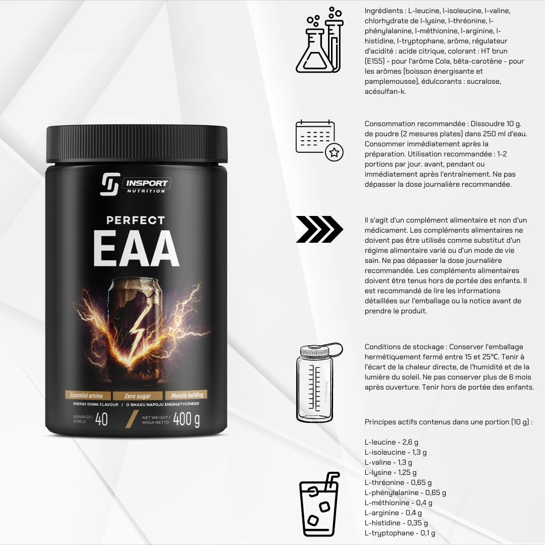 EAA PERFECT - Supplément Sportif Professionnel - Acides Aminés - Soutien à l'exercice - 40 Portions - 400g Poudre - Goût: (Energy Drink)