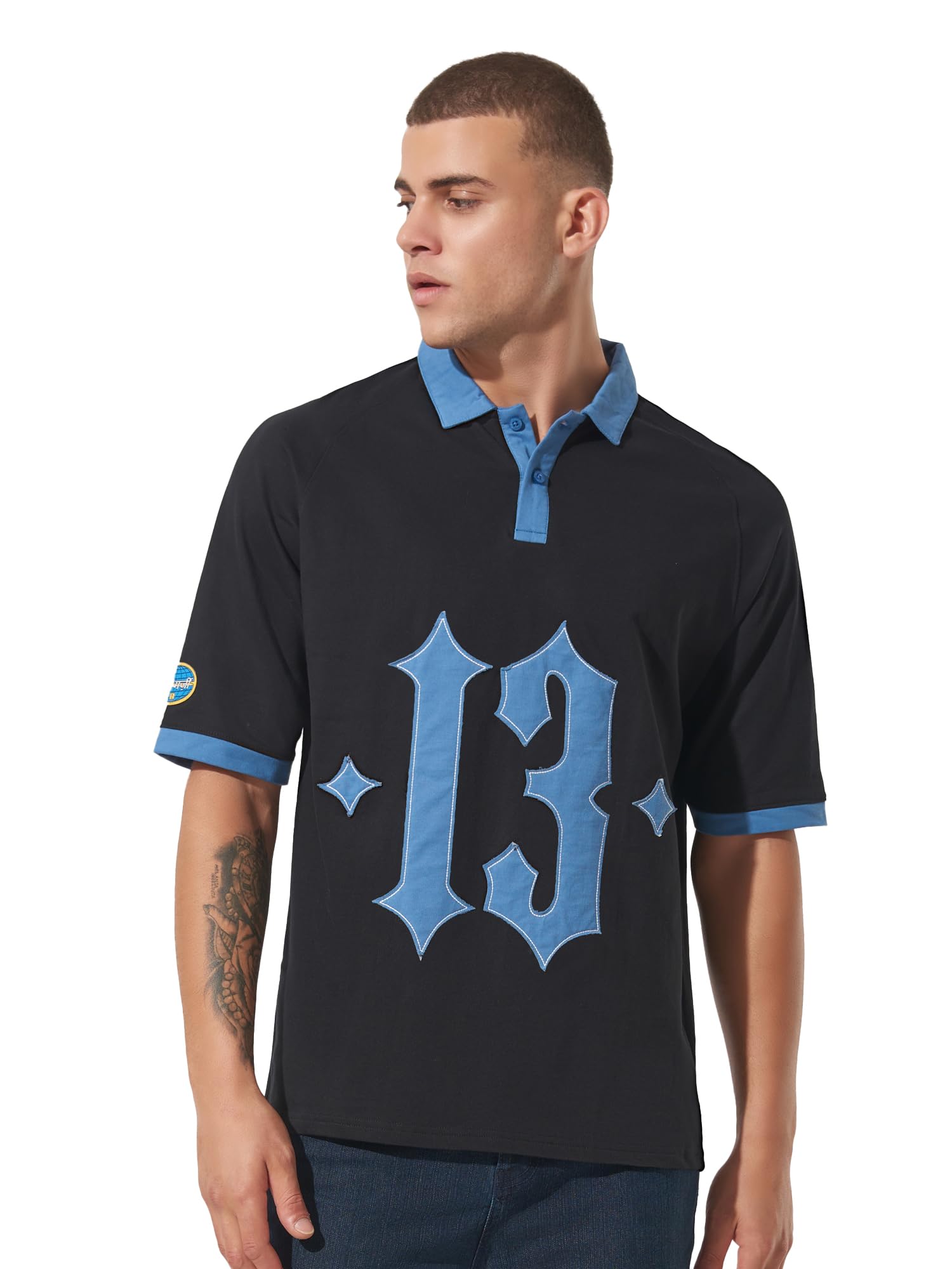 ManiacMens Printed Polo Neck Raglan 3/4th Sleeve Black and Blue Cotton Oversized T-Shirt
