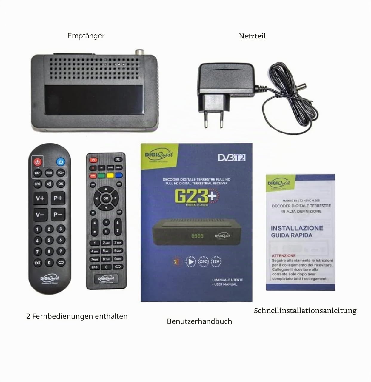 Digiquest G23 HEVC H.265 10bit Full HD FTA Receiver DVB-T2 DVB-T2 USB HDMI SCART Ethernet LAN RJ-45 Zusatzfernbedienung Senioren Schwarz Kunststoff