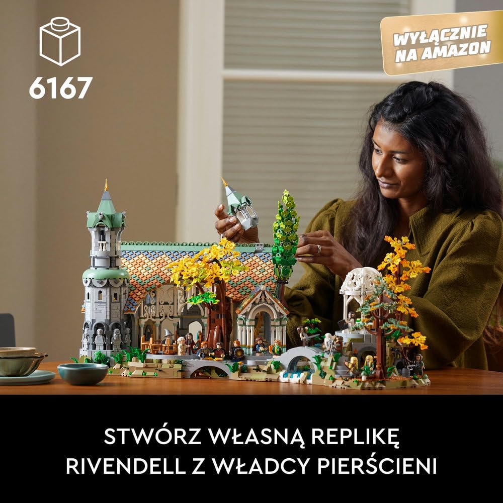 LEGO 10316 Icons WŁADCA PIERŚCIENI: RIVENDELL, duży zestaw klocków konstrukcyjnych dla dorosłych z 15 minifigurkami, w tym Frodo, Sam i Bilbo Baggins, replika Rivendell, pomysł na prezent
