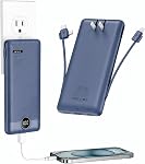 10000mAh Portable Charger with Built-in Cables & AC Wall Plug | USB C Power Bank, Compact Lightweight External Battery Pack for iPhone Smart Phone etc-Orange