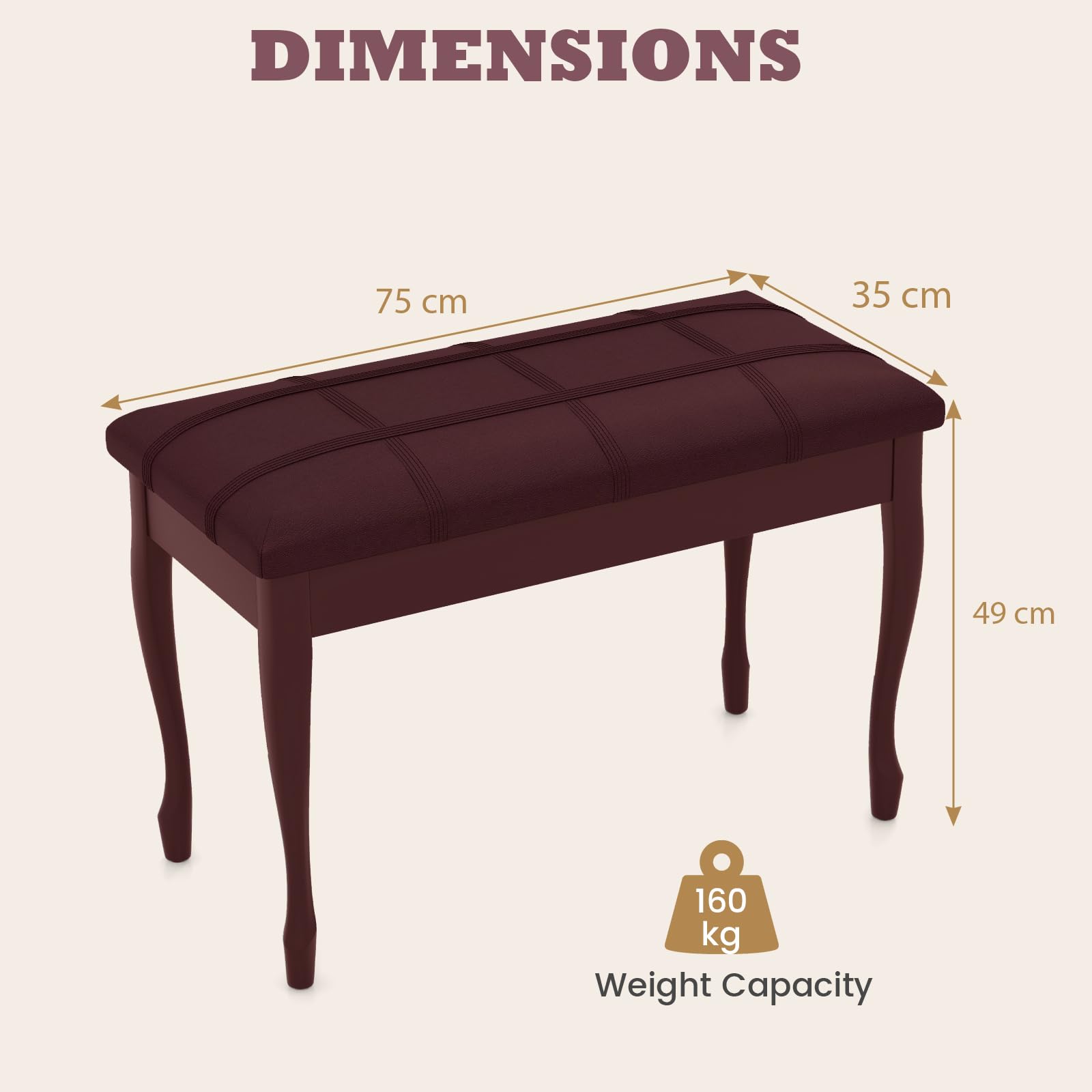 HOMASIS Sgabello Pianoforte a 2 Posti in Legno con Sedile Imbottito in Pelle PU, Panca per Pianoforte con Vano Portaoggetti, Panca Baule, Capacità di Carico 180 kg, 75 x 35 x 49 cm