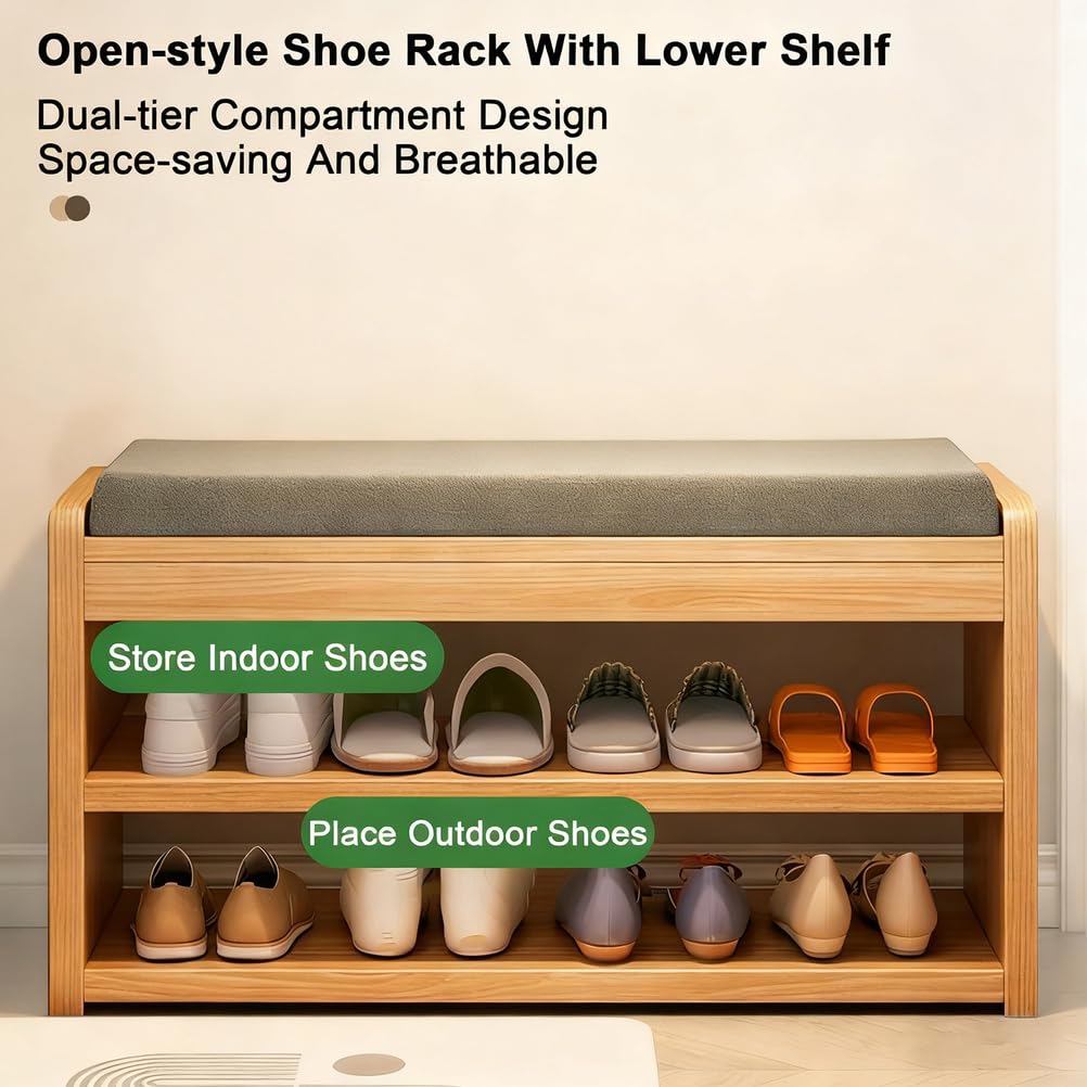 Bancos para Zapatos En La Entrada Estantes para Zapatos En El Pasillo con Cojín Taburetes De Dos Niveles con Espacio Bancos para Zapatos De Madera Maciza para El Salón,Natural,100×30×45.5cm