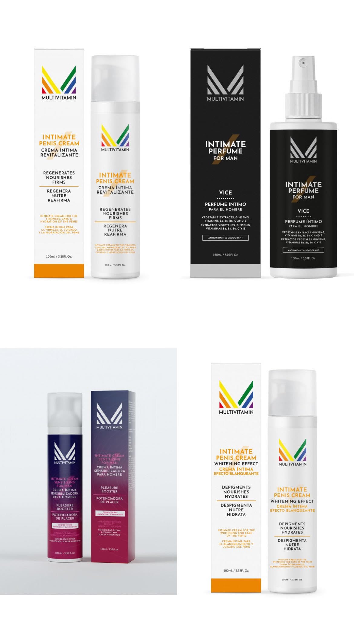 Set de cuidado íntimo masculino: Crema íntima revitalizante, Crema íntima que ayuda a unificar el tono de la piel, Perfume genital con acción desodorizadora y Crema para mejorar la sensibilid