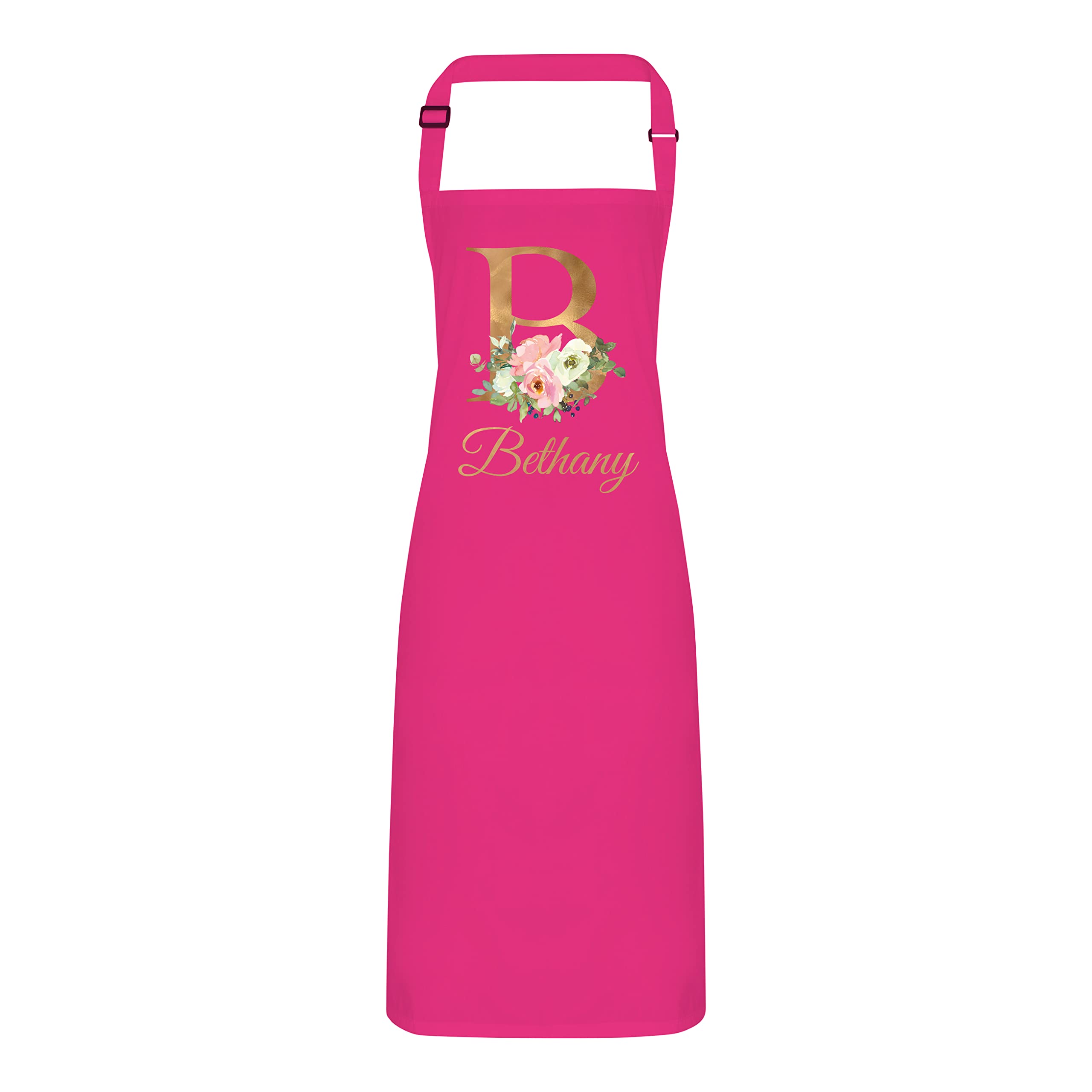 Personalised Floral Gold Initial and Name Apron with Adjustable Neck Strap - Full Colour Print (Hot Pink)