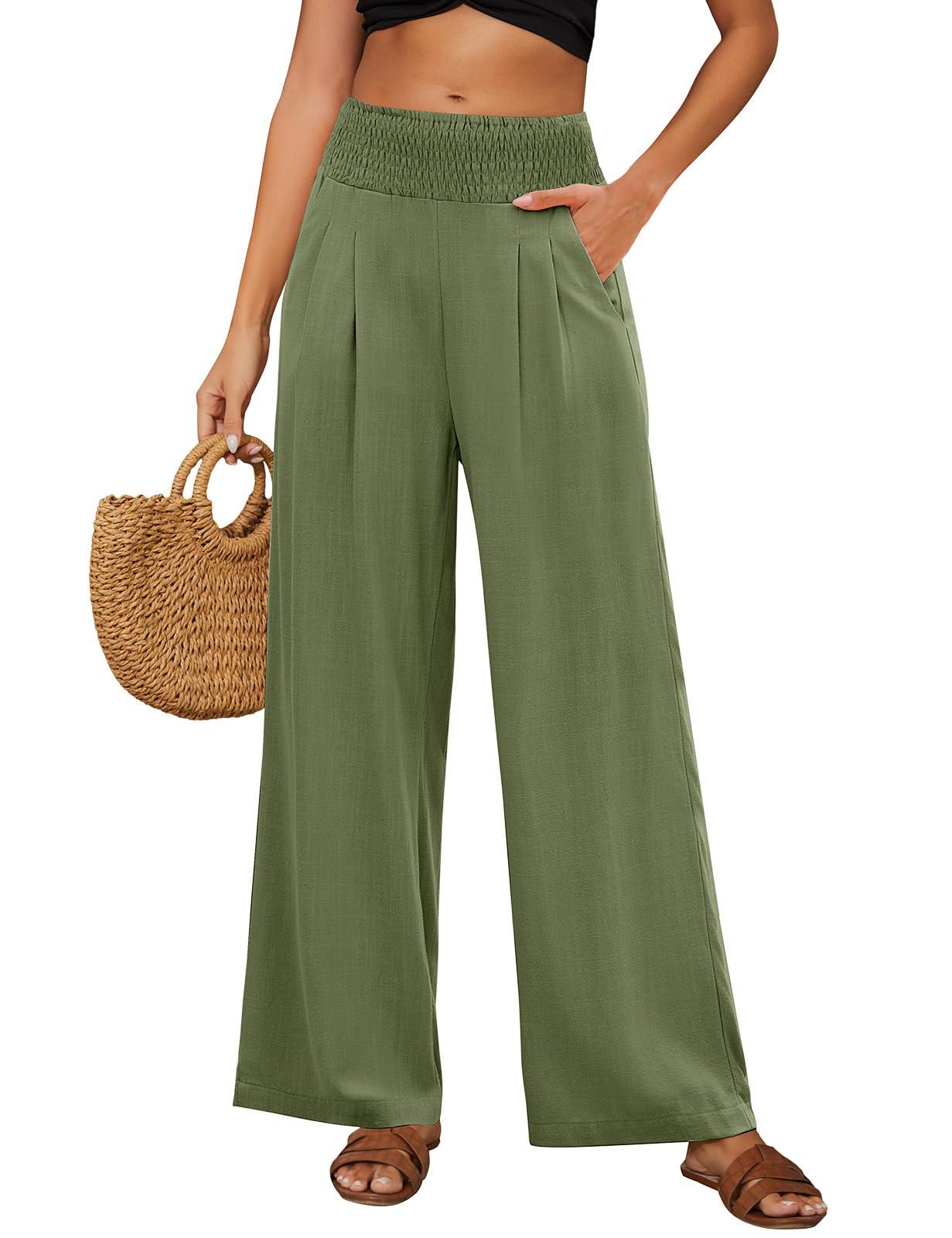 Pantalones de Lino Mujer Verano Algodón Cintura Alta Palazzo Pierna Ancha con Bolsillos