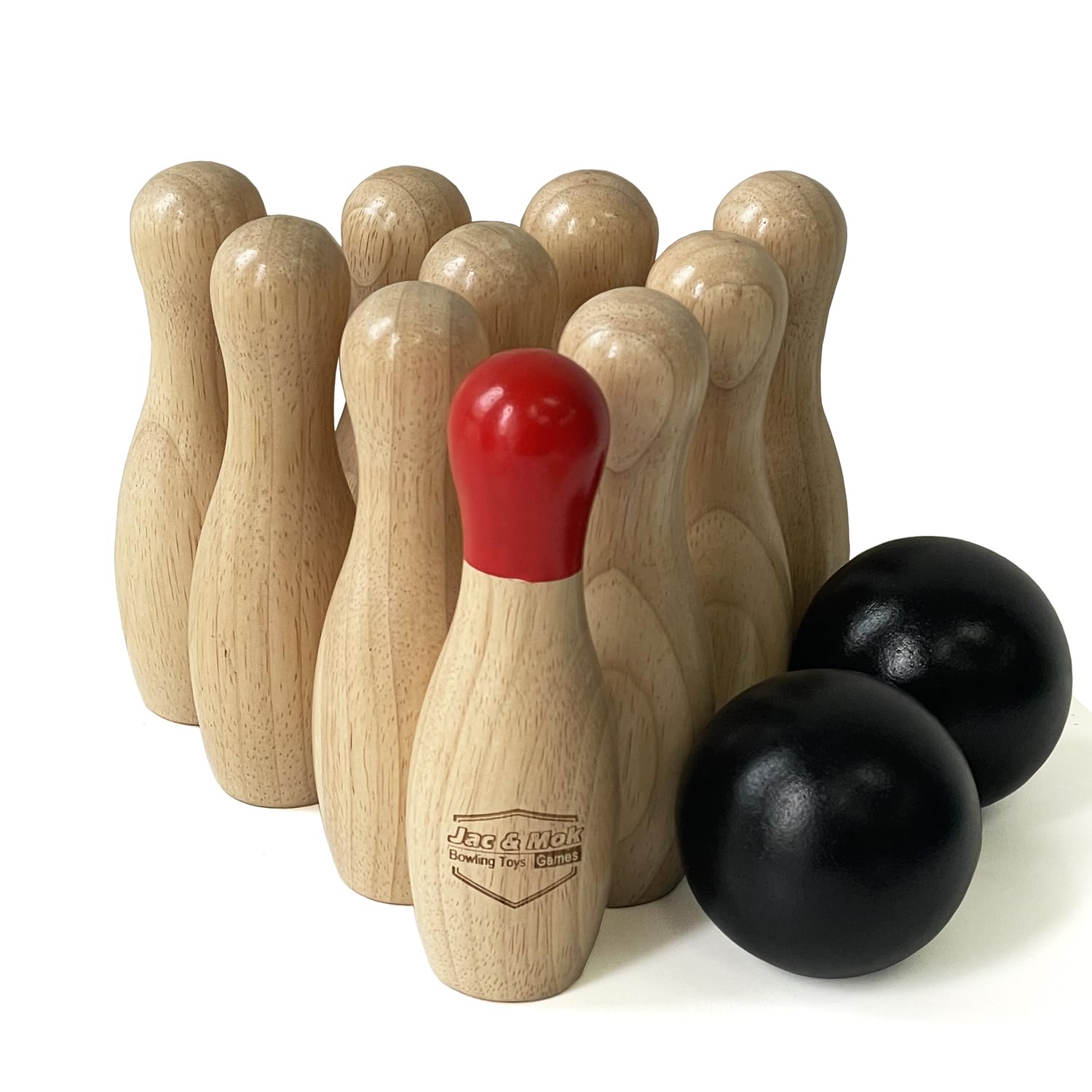 Jac & Mok Jeu de bowling en bois dur, 10 broches et 2 balles (naturel, 15 cm de haut)