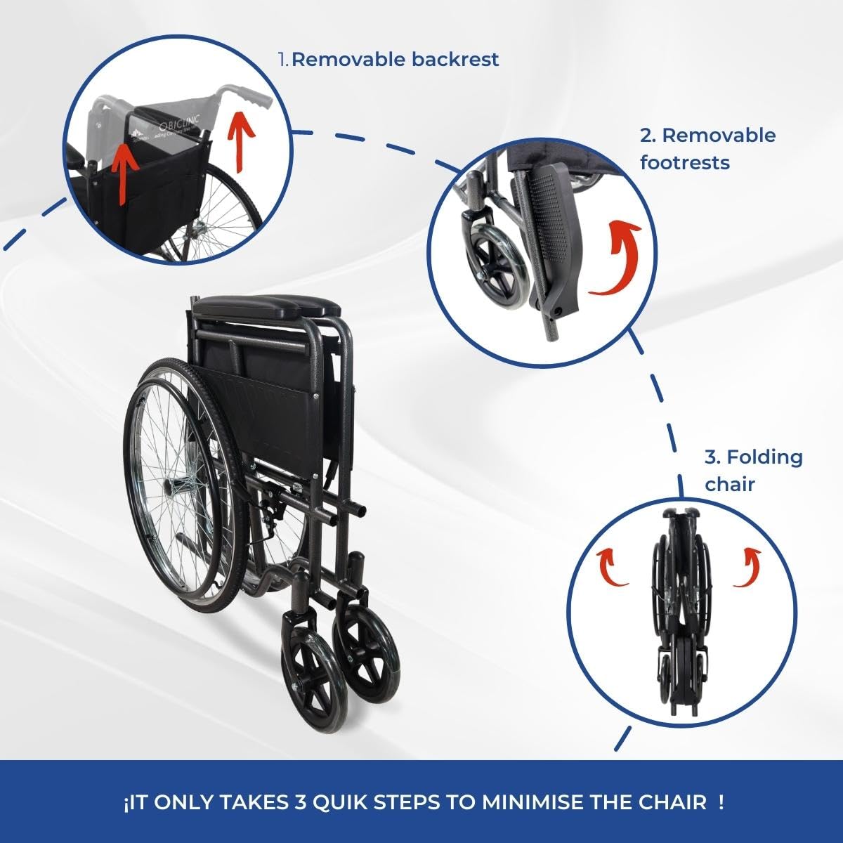 Mobiclinic, Wózek inwalidzki składany, Denver, Siedzisko 46 cm, Hamulec ręczny, Zdejmowane oparcie, Składany podnóżek, Odporny, Dla niepełnosprawnych, Szary