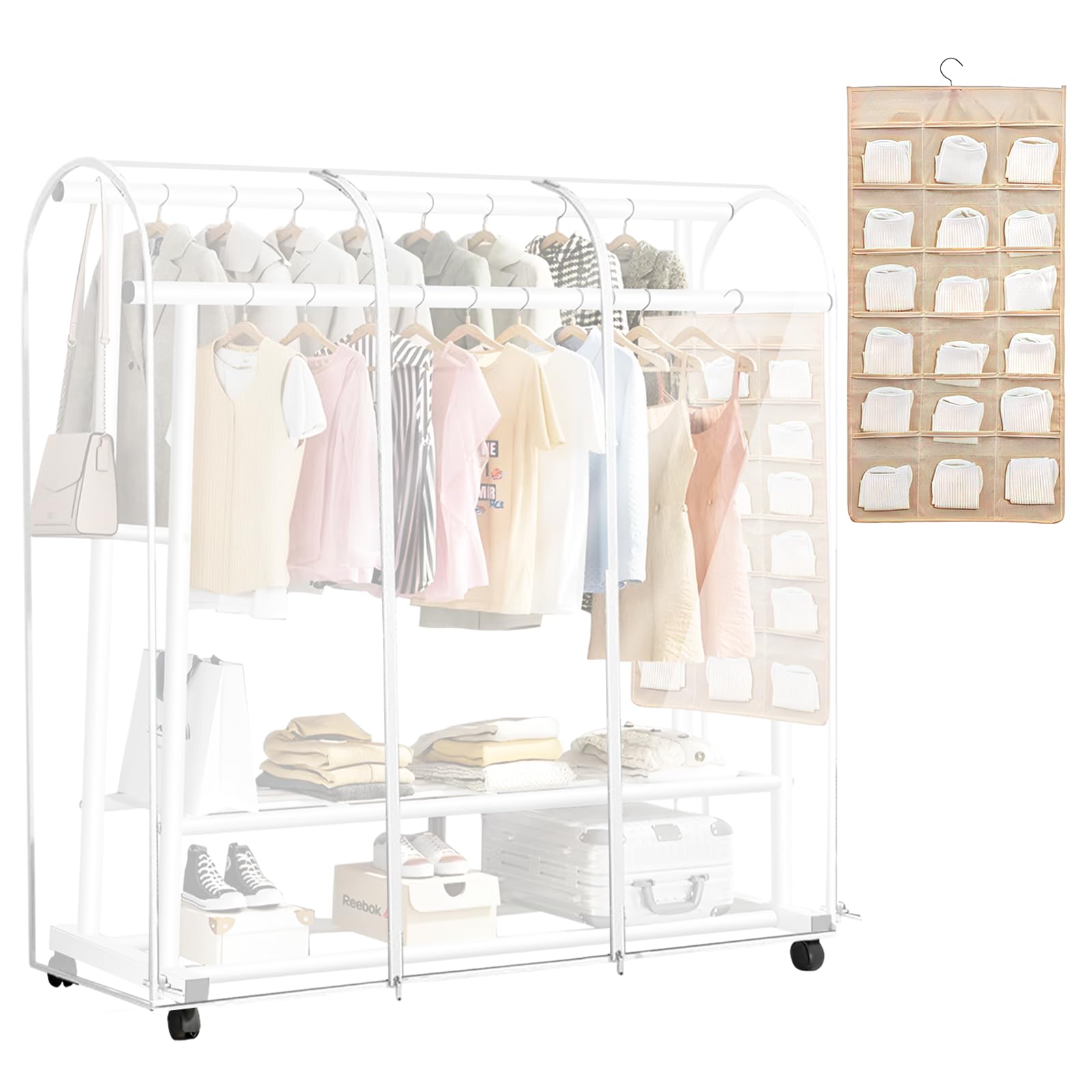 FWEEK Transparent Clothes Garment Rail 180x50x150CM Strong Zipped Garment Cover Waterproof Dustproof Clear Clothes Rail Cover with Hanging Storage Bag for Hanging Coat Racks