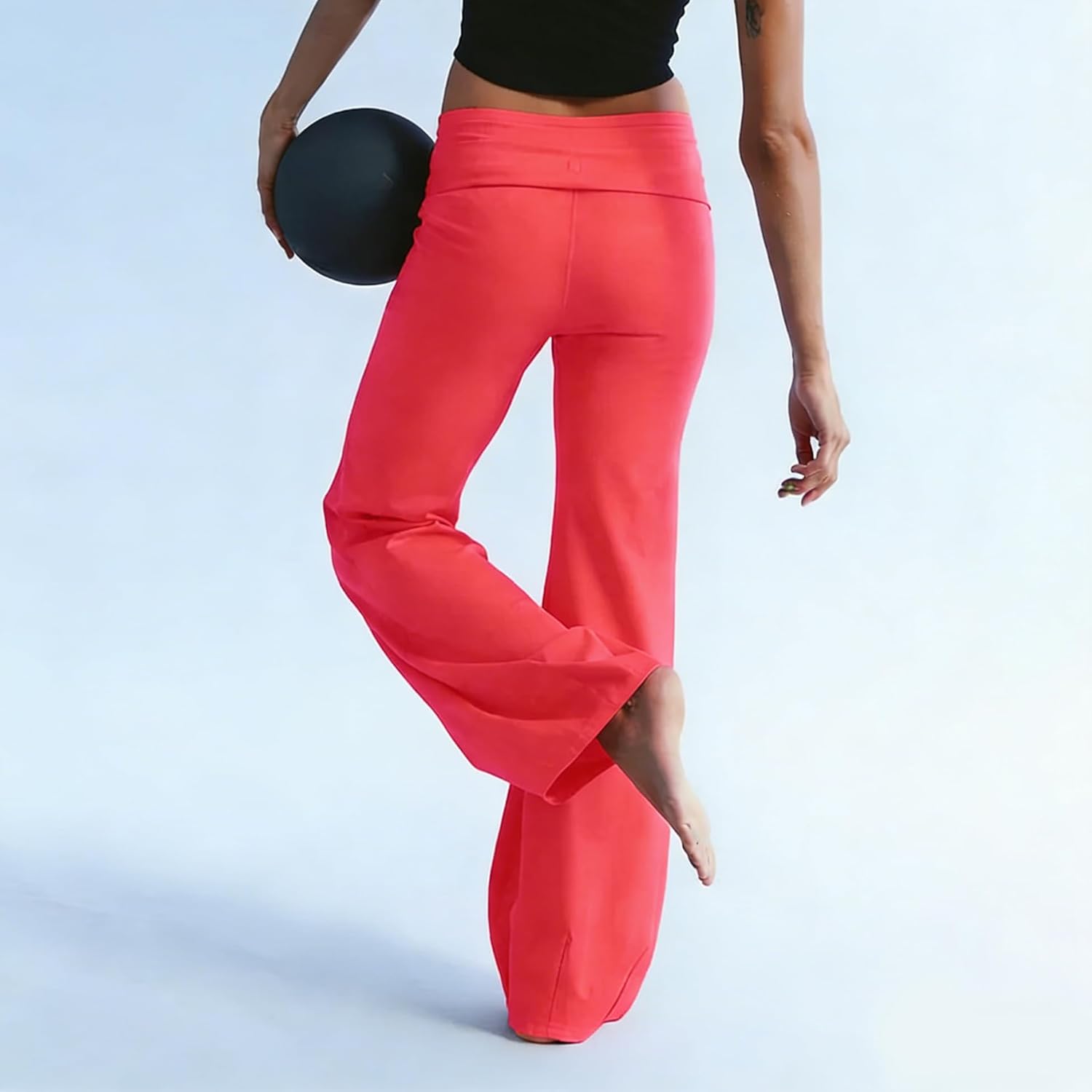 Womens Fold Over Flare Yoga Pants Drawstring Wide Leg Leggings Pilates Workout Gym Straight Lounge Bubble Pants