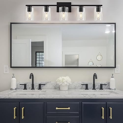 Miniatura 7 de DRNANLIT Luz de baño de 5 luces sobre espejo, modernas luces de tocador con vidrio transparente, accesorio de iluminación de baño de metal negro