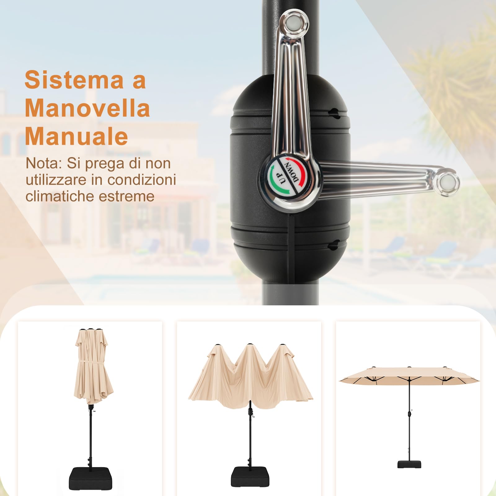 GYMAX Ombrellone Doppio da Giardino con Base, 4 x 2 m, con Manovella e Ventilazione, Ombrellone da Tavolo Extra Grande per Area Piscina, Terrazzo e Cortile