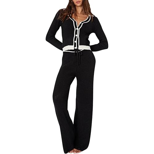 Viottiset Women's 2 Piece Outfits Sweatsuit Set Long Sleeve Button Sweatshirt Wide Leg Sweatpants Lounge Set Tracksuit