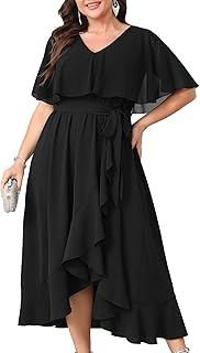 Women Plus Size Long Formal Dress Short Sleeve Chiffon Ruffle V Neck Hig...