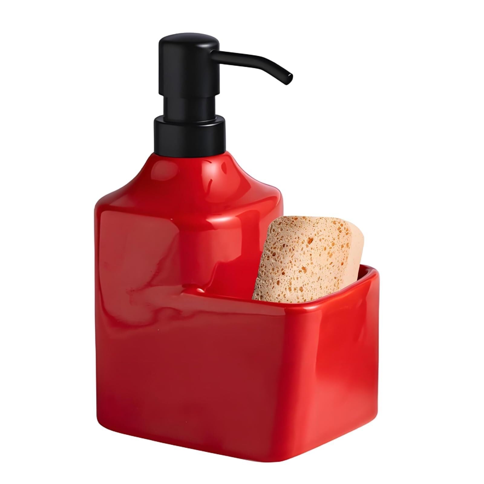 Qyleee One Color Hand Ceramic Countertop Soap Dispensers With Sponge Holder 2-In-1 Liquid Dish For Bathroom(Red With Sponge Holder)