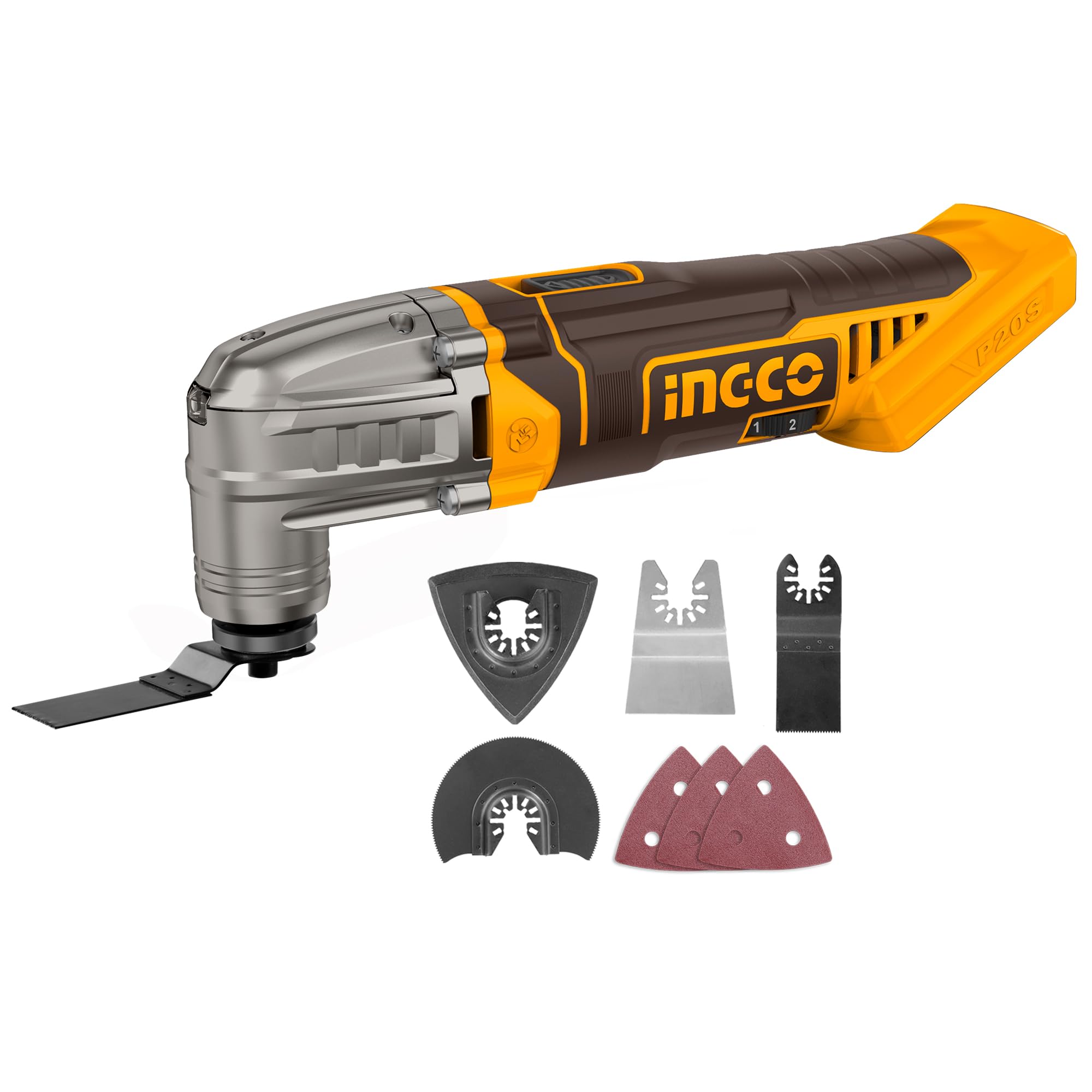 INGCO Outil Oscillant sans Fil 20V (Produit seul) Outil Multifonction Oscillant 5000-20000 tr/min, 6 Vitesses, avec 8 Pièces Accessoires pour Couper, Poncer, Gratter, Scier CMLI2022