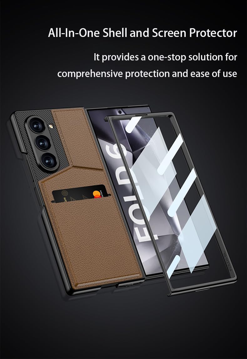 SHIEID Galaxy Z Fold 6 Case with Card Holder Ultra Thin Shockproof Z Fold6 Case with Rotating Wing Stand, Premium Leather Protective Cover for Z Fold 6 for Women and Men, Carbon Fiber Texture
