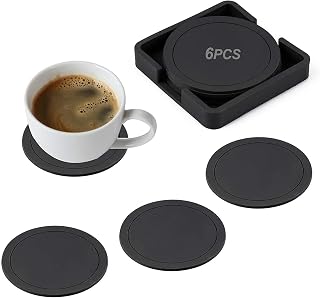 Glass Coasters, Glass Coasters, 6 Black Silicone Coasters for Drinks, Cups, Bar, Glass Coasters