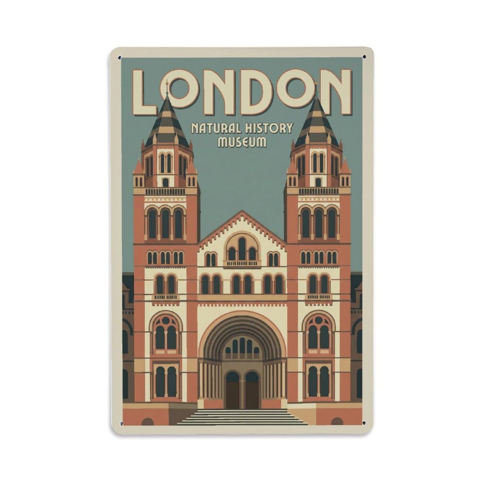 Vintage Travel London Natural History Museum Architecture Clean England Metal Tin Sign Plaque Wall Decor for Cafe, Club Bar, Office, Home Garden Metal Poster 8x12Inch