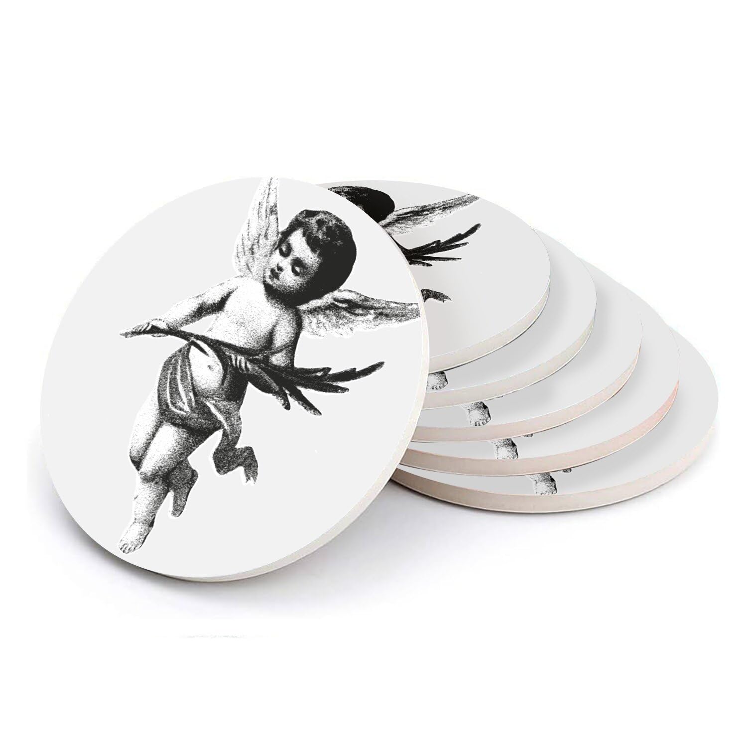 Sous-verres ronds en céramique ange de Noël vintage 108 mm - Set de table rétro noir et blanc