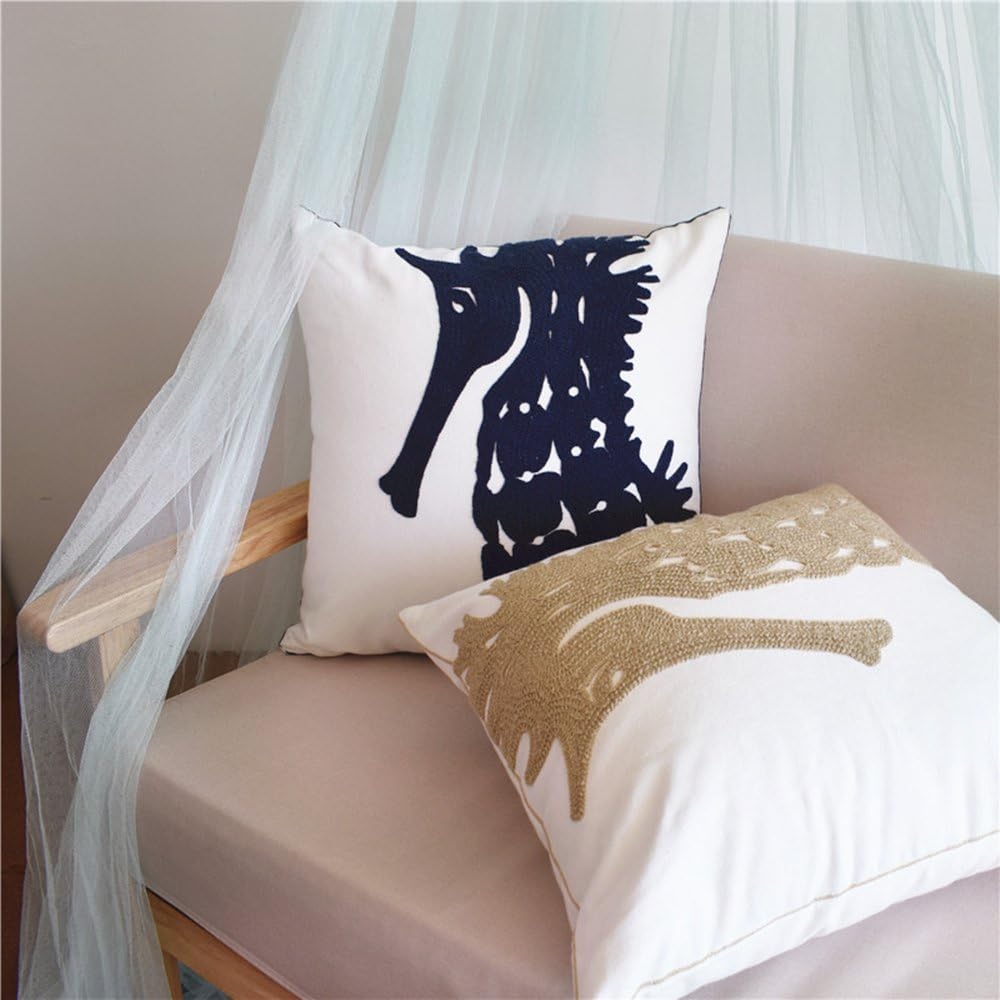 MOCOFO Set of 4 Coastal Ocean Beach Voyage Throw Pillow Covers - Nautical Embroidered Starfish Seahorse Navy Animal Sea Decorative Canvas Cotton Linen Cushion Covers for Home Sofa Decor