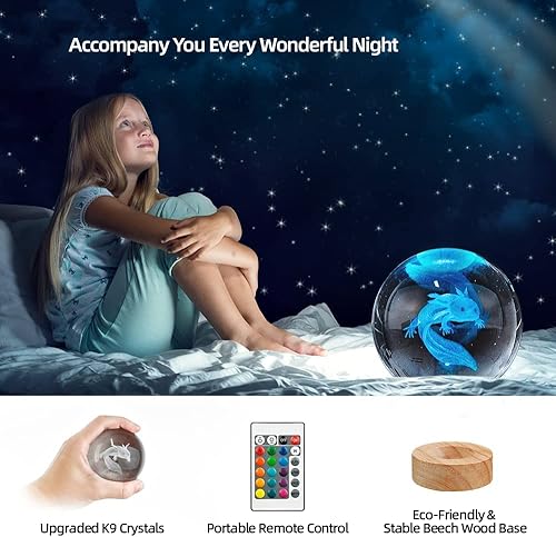 Miniatura 5 de Aoyosic 3D Axolotl Crystal Ball Night Light with 16 Color LED Wooden Base, Premium 3.15 Inch Axolotl Glass Ball Lamps with Remote for Christmas,
