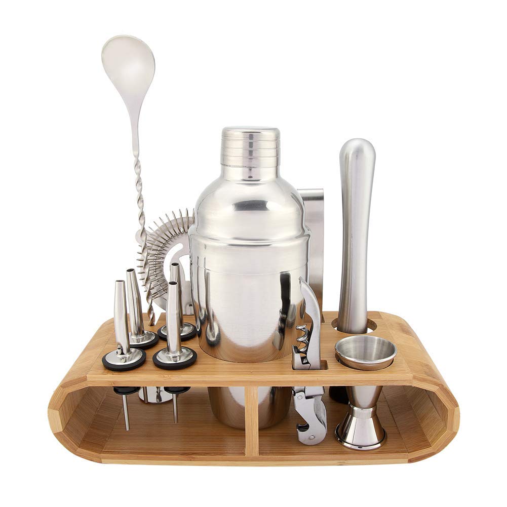 festive 11-Piece Bar Tool Set with Stylish Bamboo Stand-Perfect Home Bartending Kit and Martini Cocktail Shaker Set For an Awesome Drink Mixing Experience