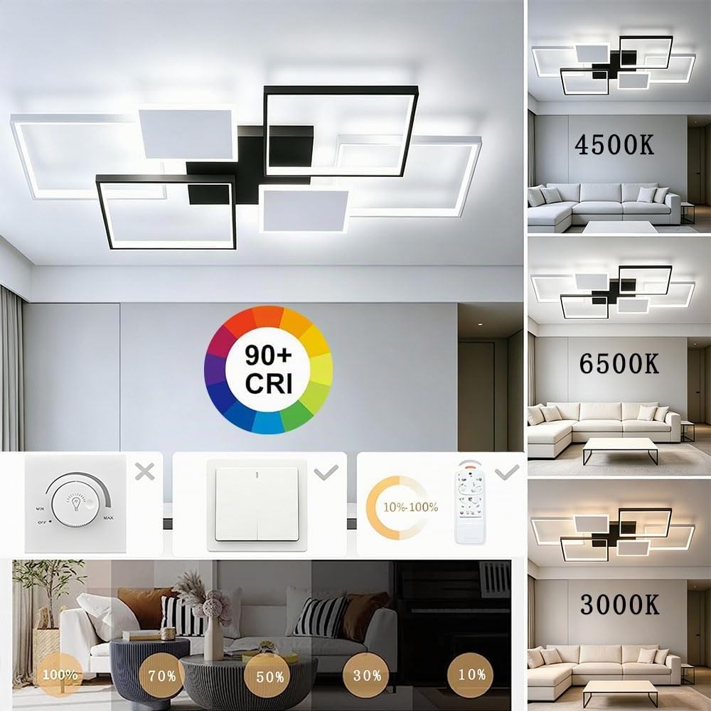 LIUYU Lampadari LED Soffitto Rettangolare Dimmerabile 90x60cm Nero-Bianco | Lampadario soggiorno led con telecomando 68W luce regolabile 3000K-6500K Alluminio Acrilico per Soggiorno Camera da Letto
