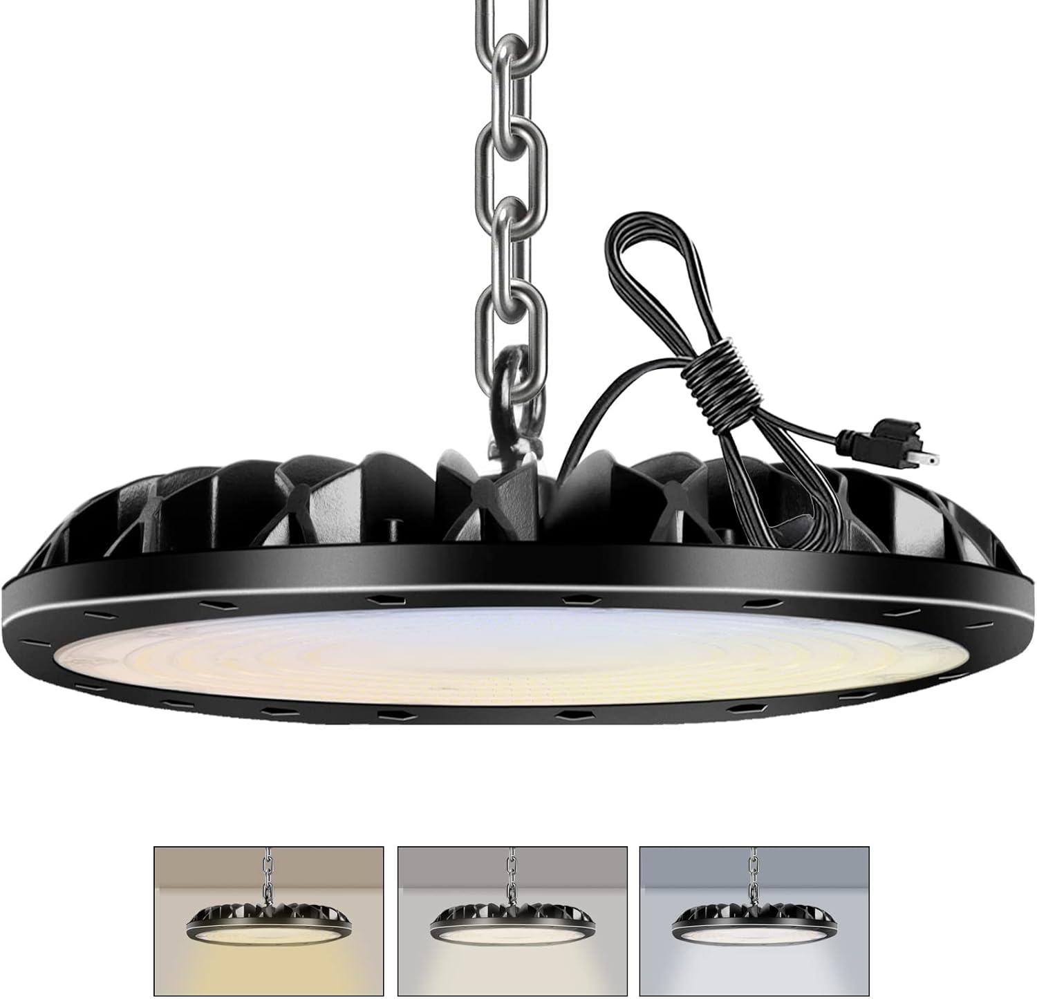 300W UFO LED High Bay Light, 3 Color 30000LM Super Bright Commercial Bay Lighting, 3000K-4000K-6000K Warehouse Lamp With 1.2M US Plug, Hight Bay LED Light Industrial Lamp for Warehouse Workshop Barn - 