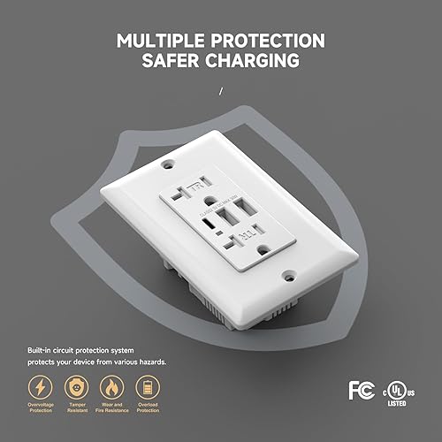 Miniatura 8 de ALASTECH Toma USB, enchufe TR de 15 amperios con cargador de pared USB C, toma de corriente de carga de 30 W 6.0 A con 3 puertos, toma eléctrica,