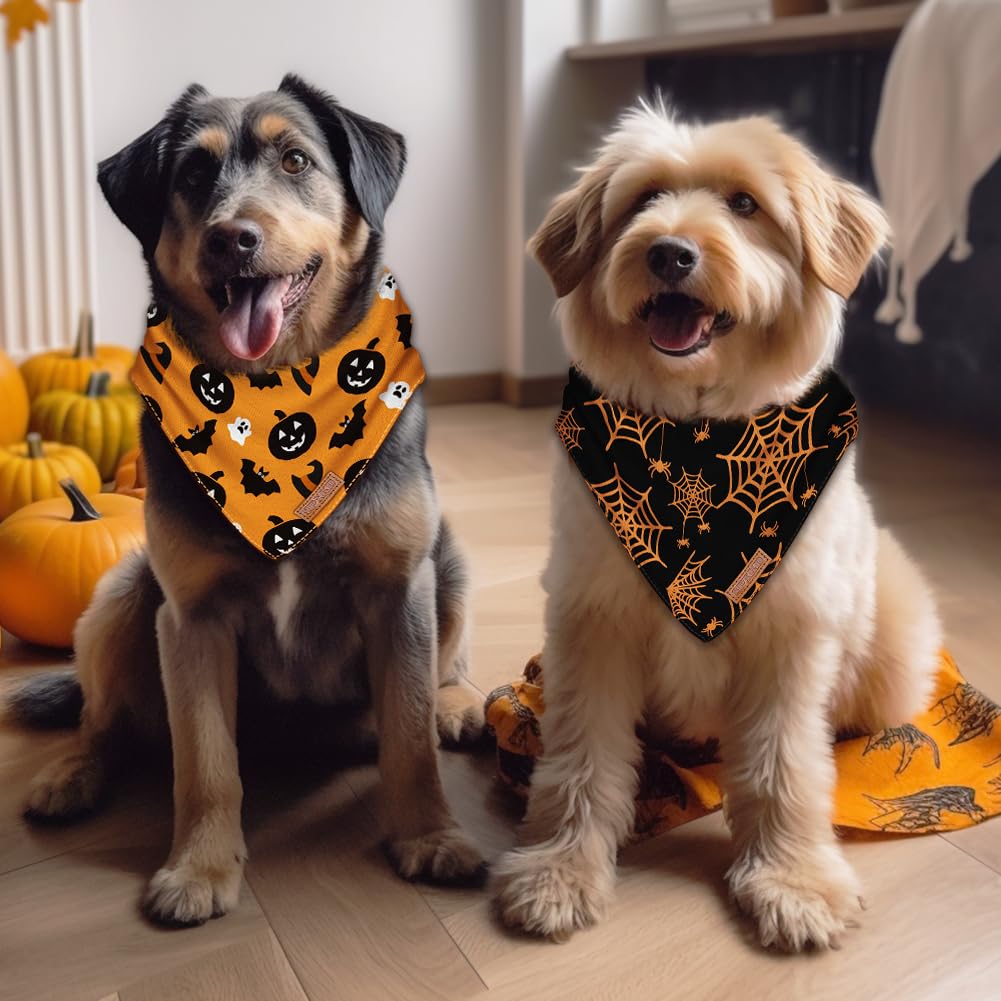 Halloween-Hundehalstücher, waschbar, weiche Baumwolle, Halloween-Kürbis- und Spinnen-Halstuch, mehrere Größen, hochwertiger, strapazierfähiger Stoff, verstellbare Passform, 2 Stück