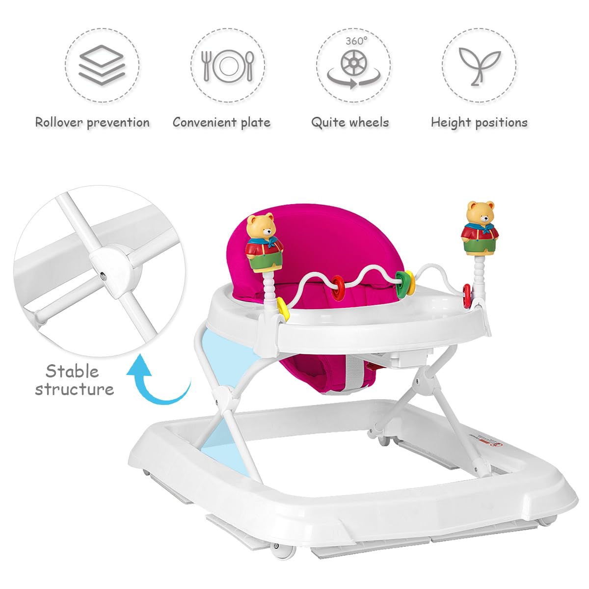 Baby Walker, Collapsible Baby Activity Walker with Walking Toys & 3-Levels Adjustable Height, Comfy High Back Seated Baby Walker with Wheels for Boys & Girls (Pink)