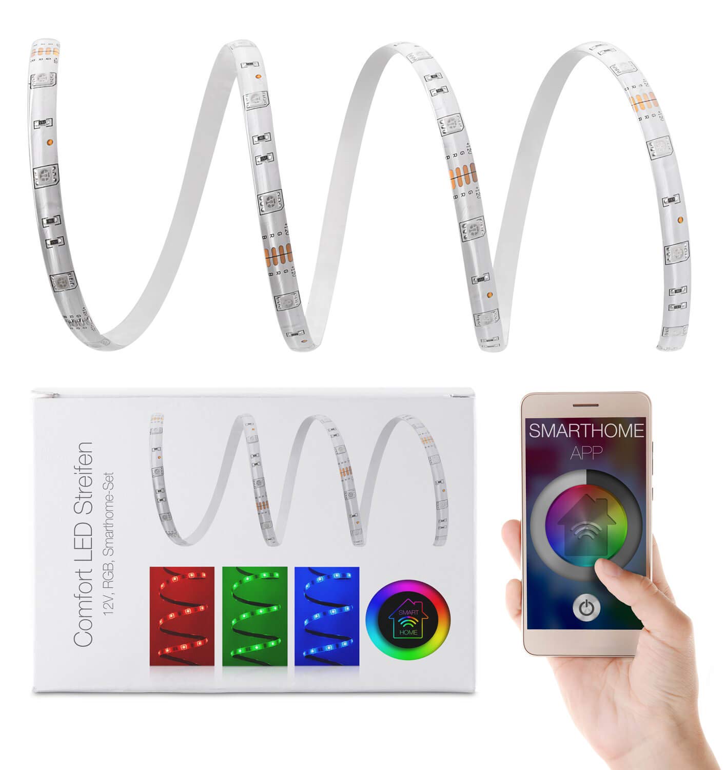 Tira LED RGB de 10 metros (30 LED/m, IP65) con control wifi y fuente de alimentación