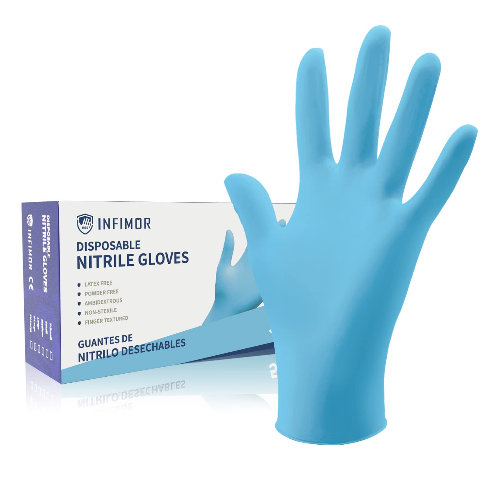 Photo 1 of Infimor Gloves Nitrile Disposable Latex Free, 4 mil Powder Free Food Grade, Fingertips Textured Cleaning Supplies 50Pcs S-XL Small (Pack of 50) Blue