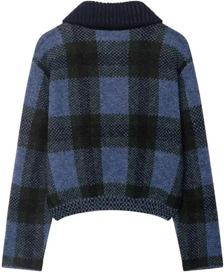 Women's Versatile Knit Outerwear Plaid Design Long Zipper for Commute Coat Style