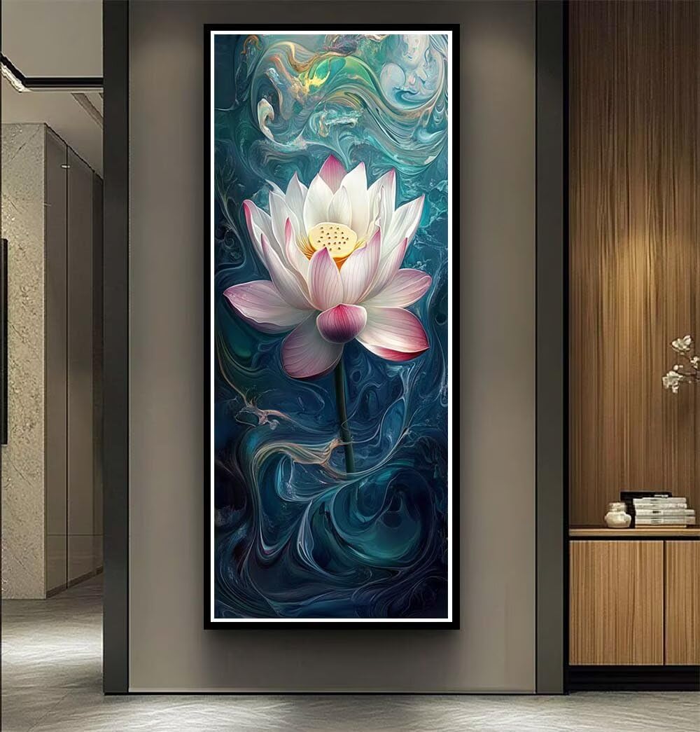 Diamond Art Painting Kits for Adults 40x100cm, 5D Large Diamond Painting Lotus Full Round Drill Gem Art Abstract Crystal Cross Stitch Arts Crafts Paint by Numbers for Home Wall Decor Gifts -LR1137