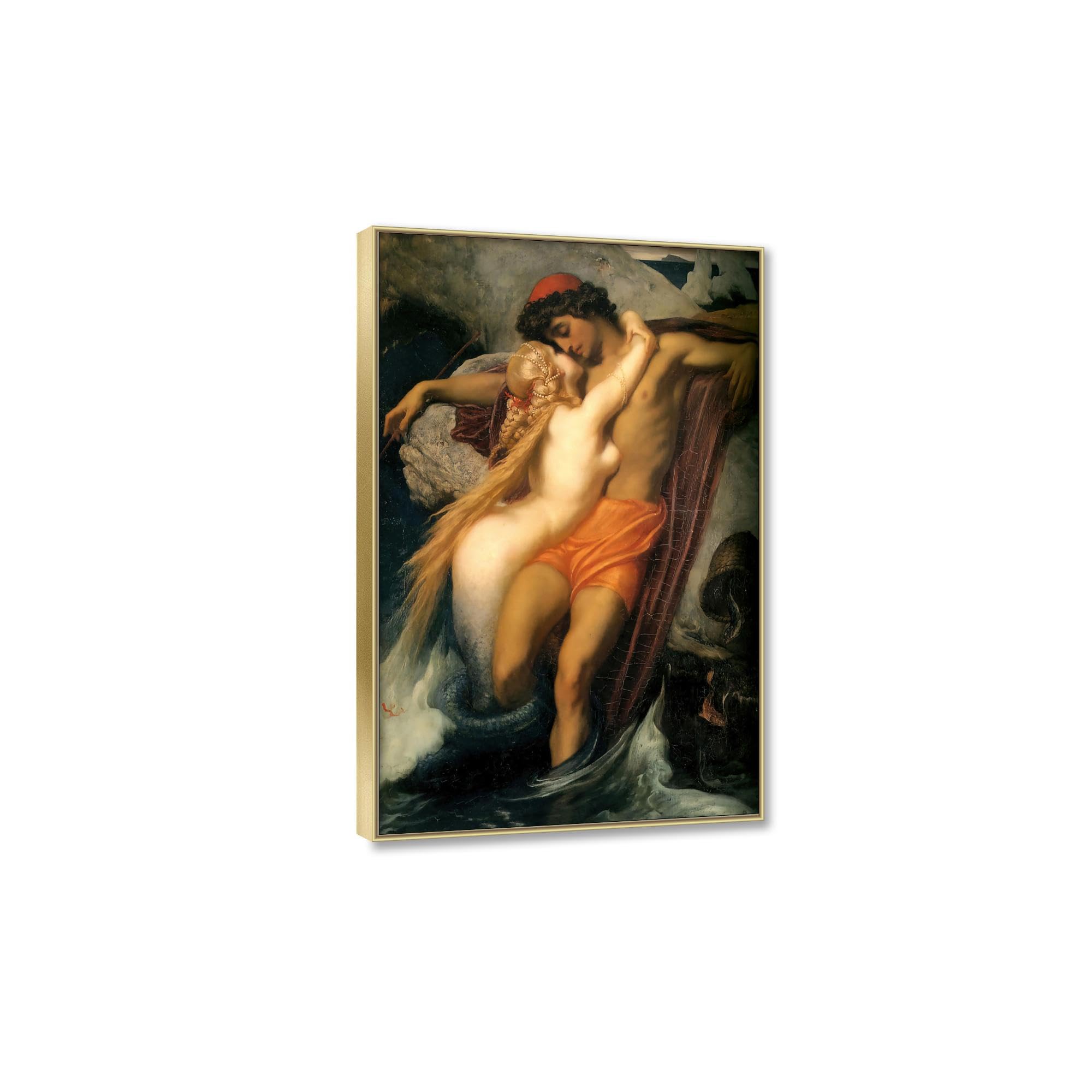 RKGHDCX Cuadro famosa pescadores y sirenas Reproducción impresa sobre lienzo enmarcado. Carteles e impresiones en lienzo de pared para decoración del hogar30x45cm(12x18in) marco dorado