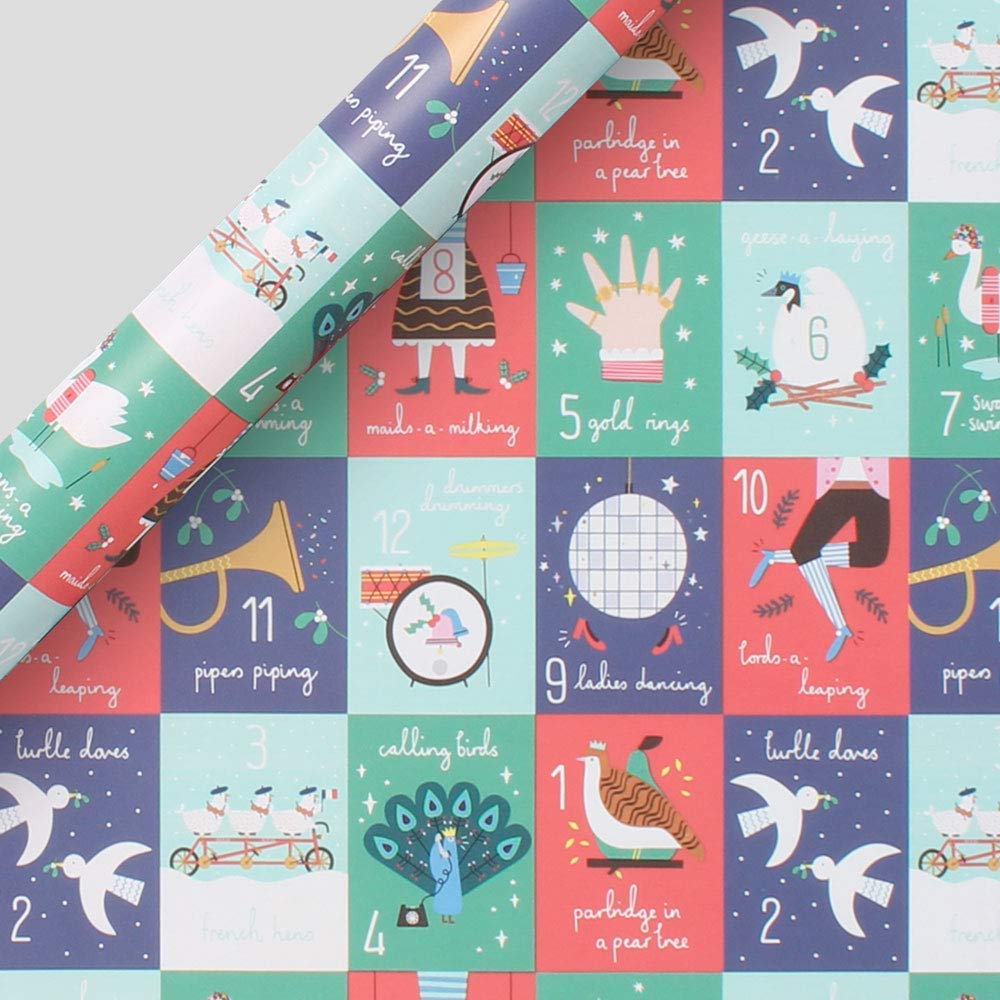 Paperchase 12 Days of Christmas Wrapping Paper Roll, Gift Wrap, Birthday Wrapping Paper Bundle- Pack of 20