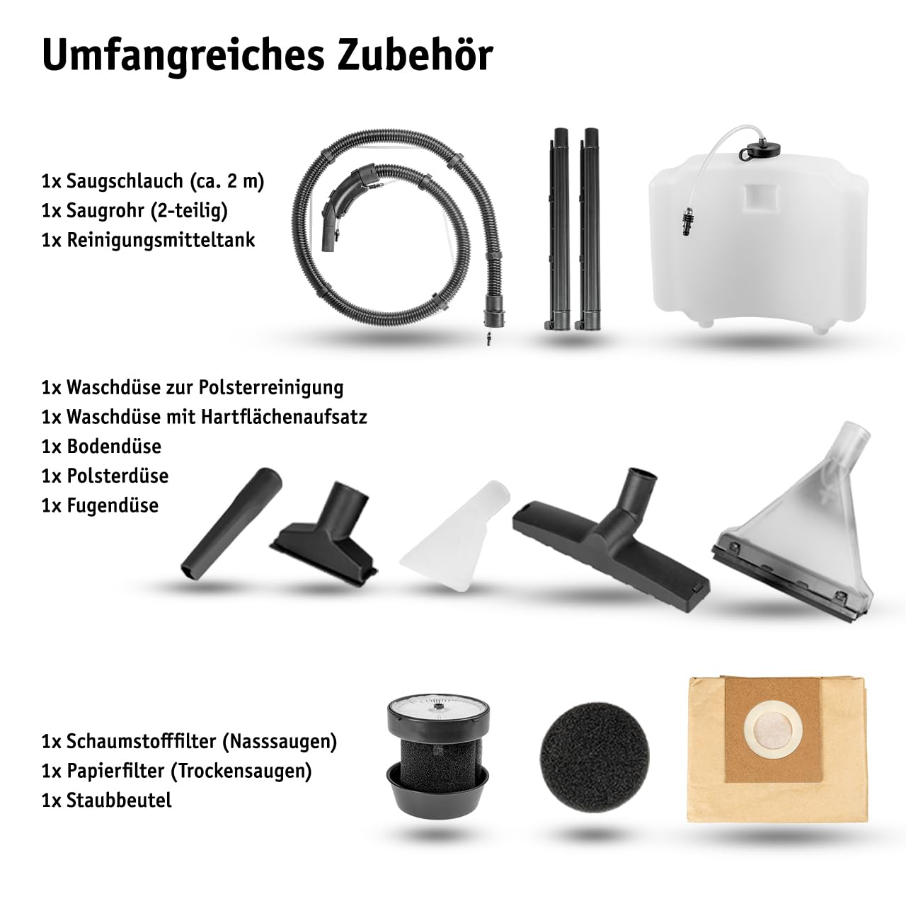 WALTER Waschsauger 1600 W, Polsterreiniger, Teppich-Reinigungsmaschine, Nasssauger, Trockensauger, schnell, effektiv, einfach zu bedienen, leistungsstarke Saugkraft, mit 20 L Auffangbehälter