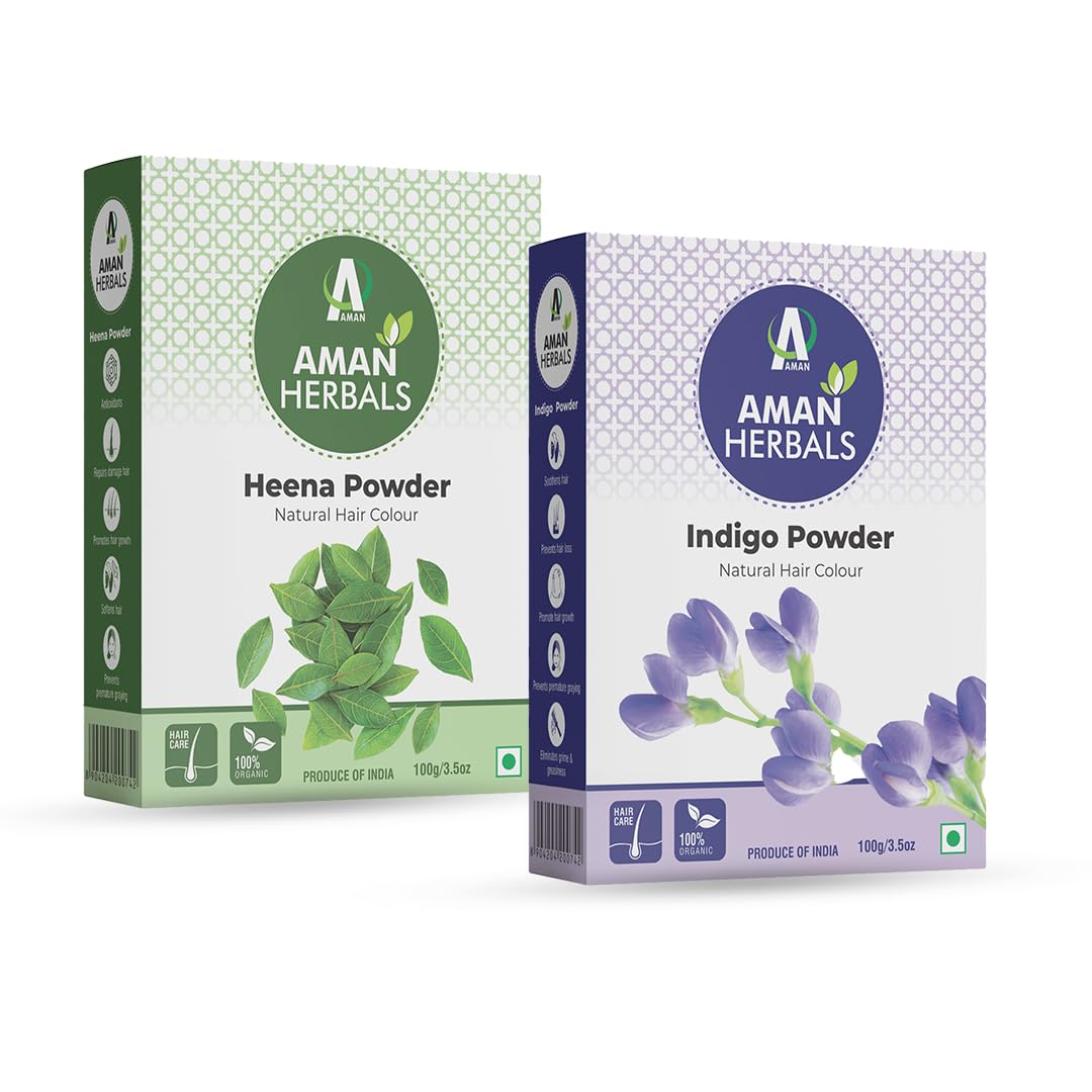 AMAN HERBALS - Natural Organic Hair Care Perfect Combination Henna Powder and Indigo Powder Combo of 2 (each 100 gm)