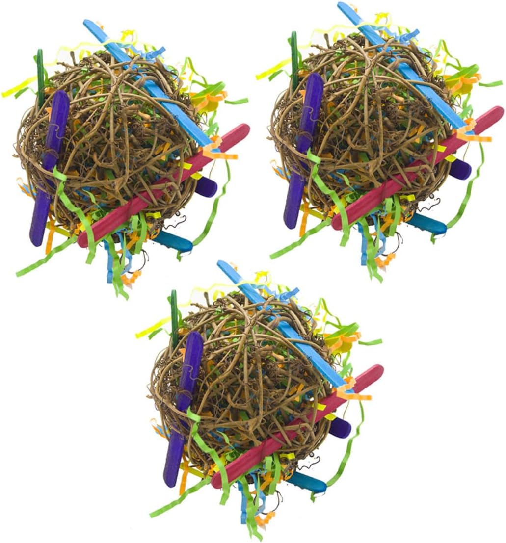 3pcs Natural Handwoven Rattan Ball Bird Chew for Parrot Macaw African Grey Parakeet Cockatiel Conure Climbing and Biting Stress Relief