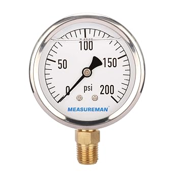 MEASUREMAN 2-1/2 حجم الطلب، مقياس ضغط السباكة المملوء بالجلسرين، 0-200 رطل لكل بوصة مربعة، علبة من الفولاذ المقاوم للصدأ، 1/4 بوصة NPT Lower Mount