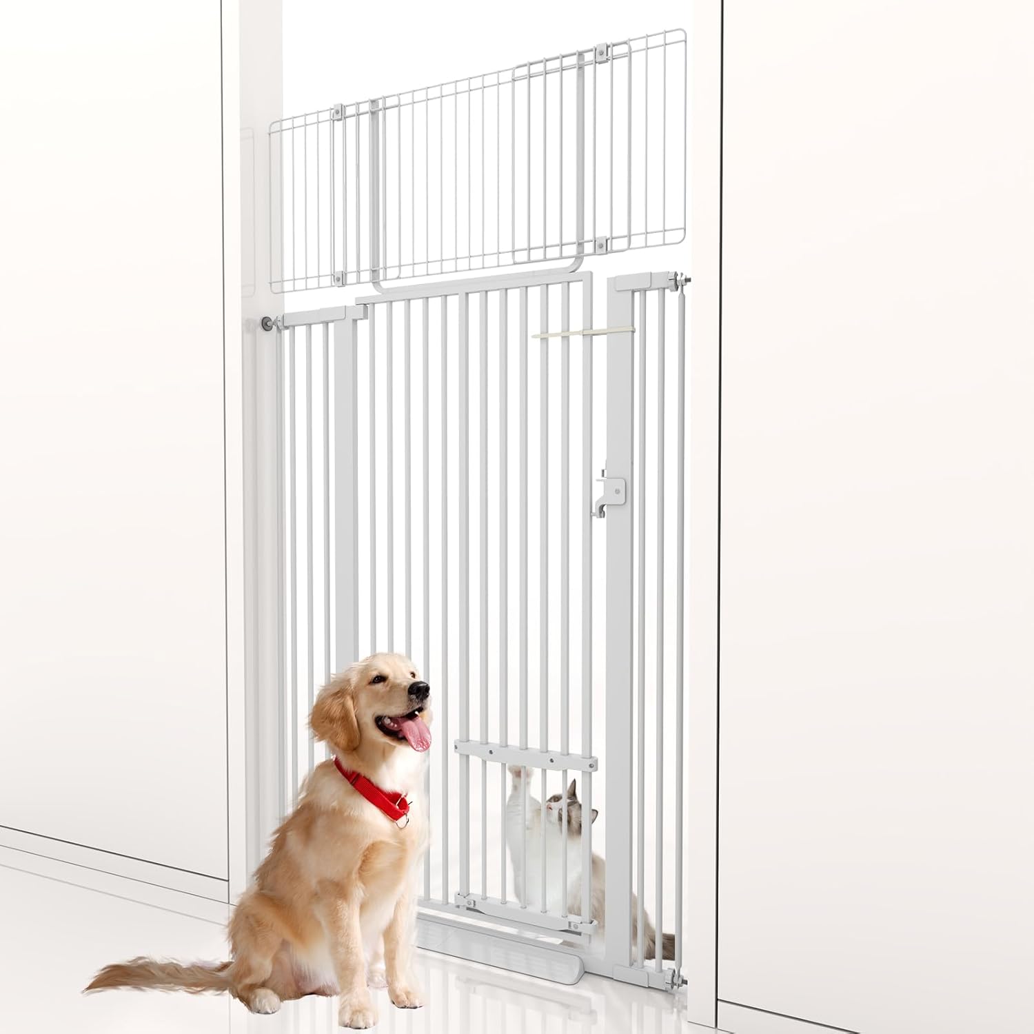 71" Extra Tall Cat Gate 29.5-40.6 Wide Pet gate for Doorway Pet Gate with Cat Doors NO Drilling Pressure Mount Kit for Cats and Dogs Indoor Doorways liveing Room Bedroom-White White 29.5-40.6“W , 71”H , W