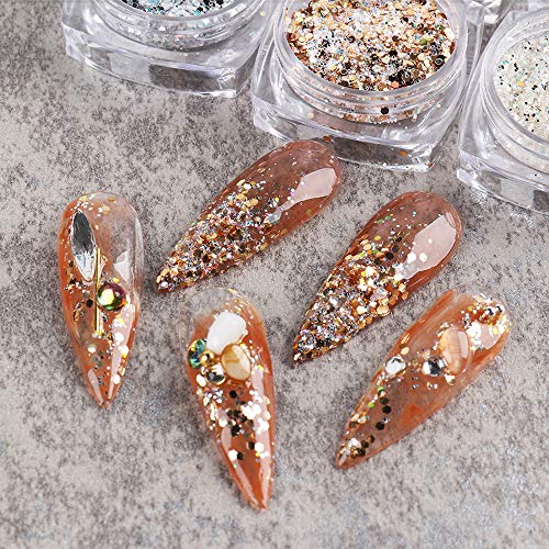 Holographic Nail Glitter Sequins Nail Art Glitters Kit, 6 Boxes Nail Art Supplies Gold White Metallic Shining Flake Glitter Sparkles Chunky Nail Glitter Nail Art Powder Dust Sequins For Nails Decor #TOP7
