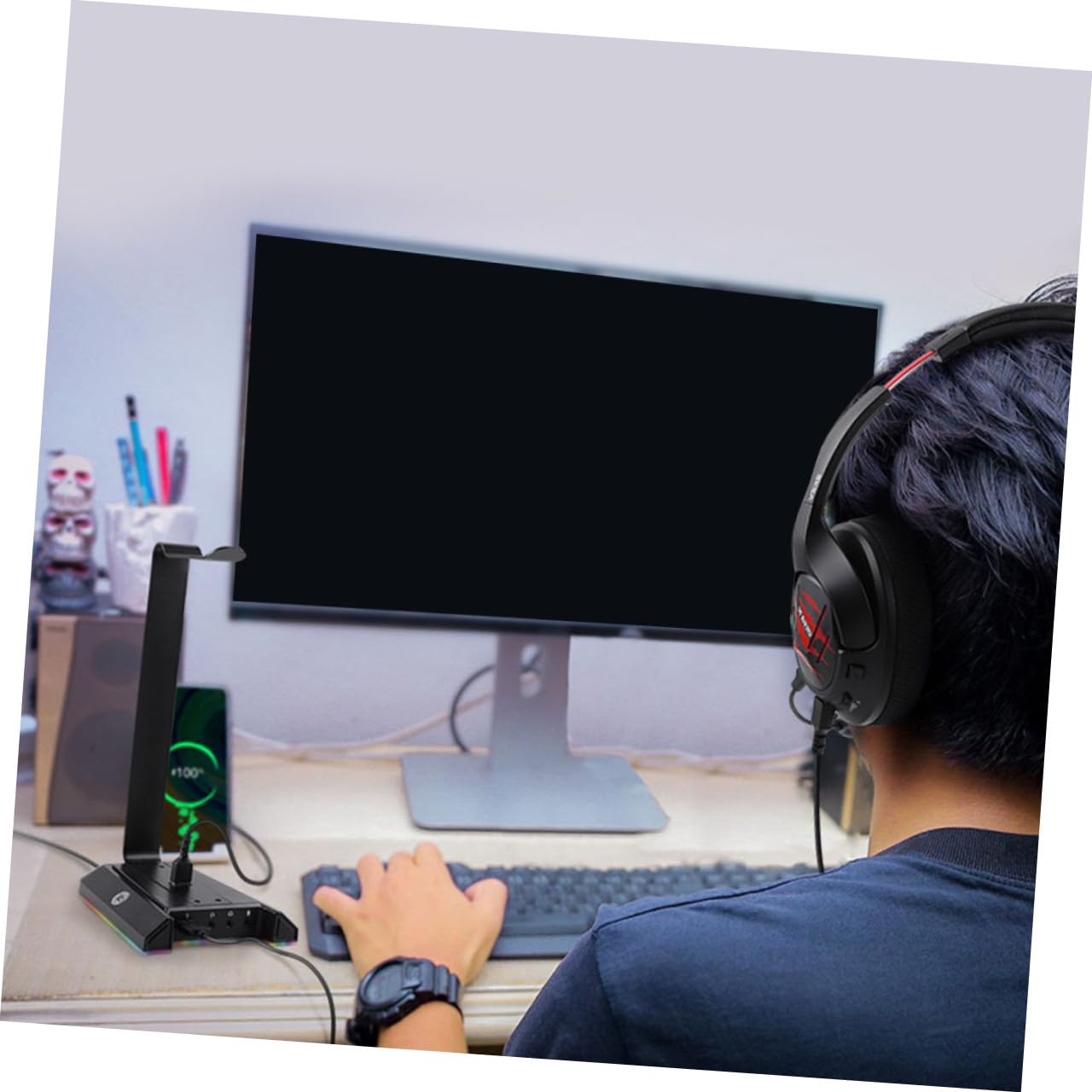 SOIMISS Supporto per Cuffie da Gioco da Tavolo in Abs Nero | Porta Cuffie Porta USB ad Alta Potenza, Compatibilità Multiuso, per Altri Dispositivi e Telefono