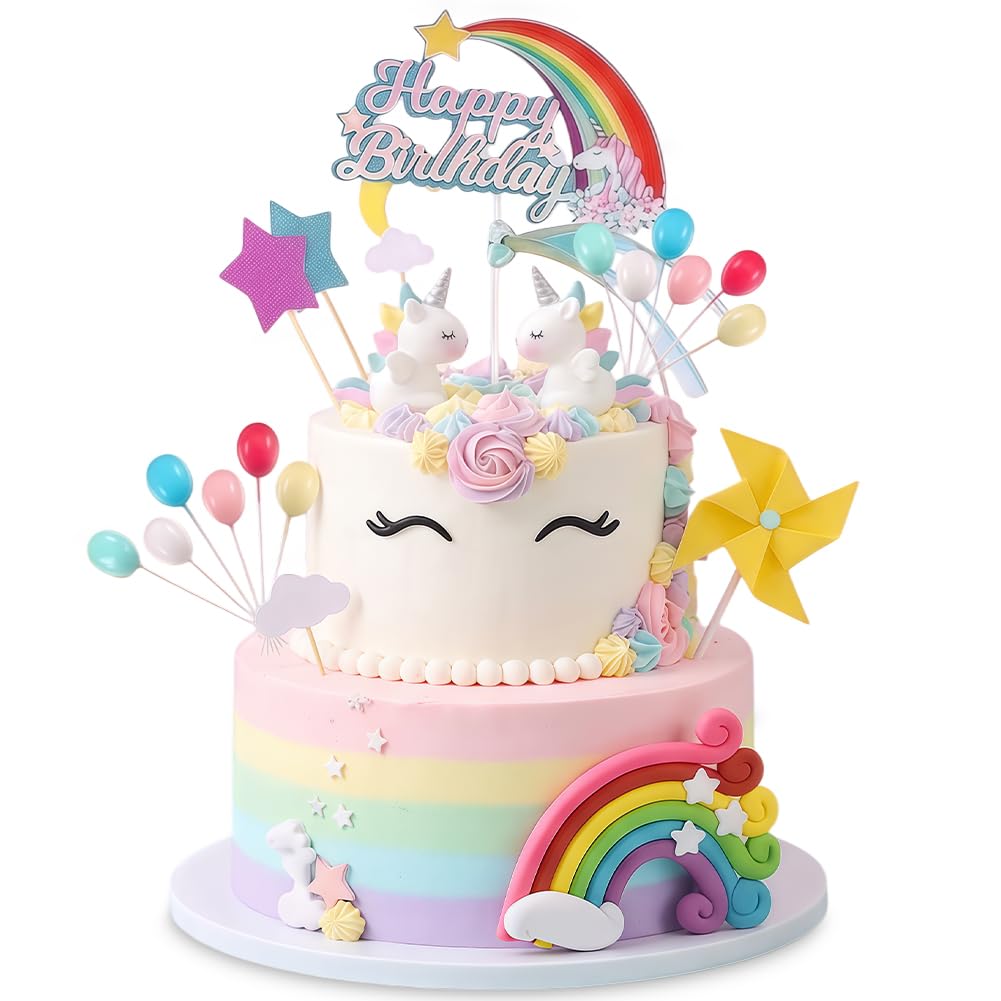 28PCS Unicorn Cake Toppers, Unicorn Rainbow Cloud Party Decorations with Stars Balls, Happy Birthday Cupcake Decor for Birthday Party