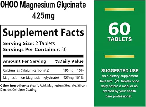 Miniatura 3 de Suplemento de glicinato de magnesio 425 mg, apoyo para aliviar el estrés, sin OMG, 60 tabletas