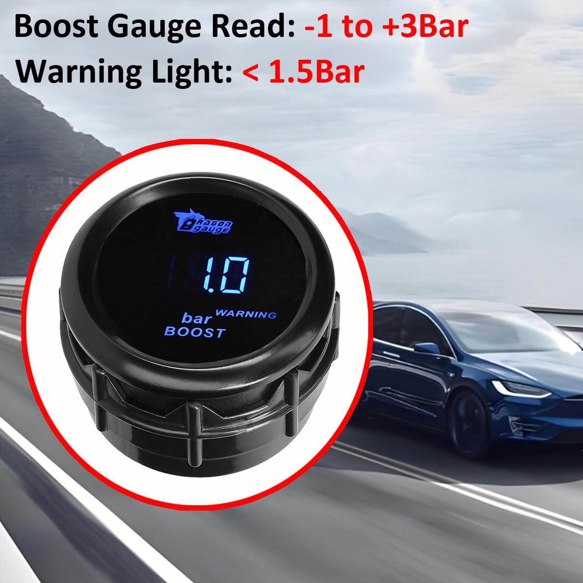 Indicatore di Boost per Auto 52mm Turbo Boost Manometro Con Sensore 12V Blu Luce Digitali Turbo Pressione Strumenti Calibro Spinta Gauge Misuratore -1 a +3 Bar
