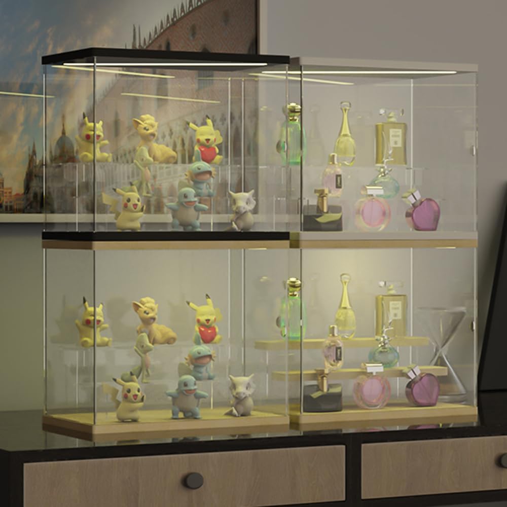 Vetrina Acrilico con Luce per Collezionismo, 3 Livelli Scatola Teca Plexiglass con Porta e Gradini, Antipolvere Vetrina Espositiva per Funko Pop, Modellini, Figurine, Rocce