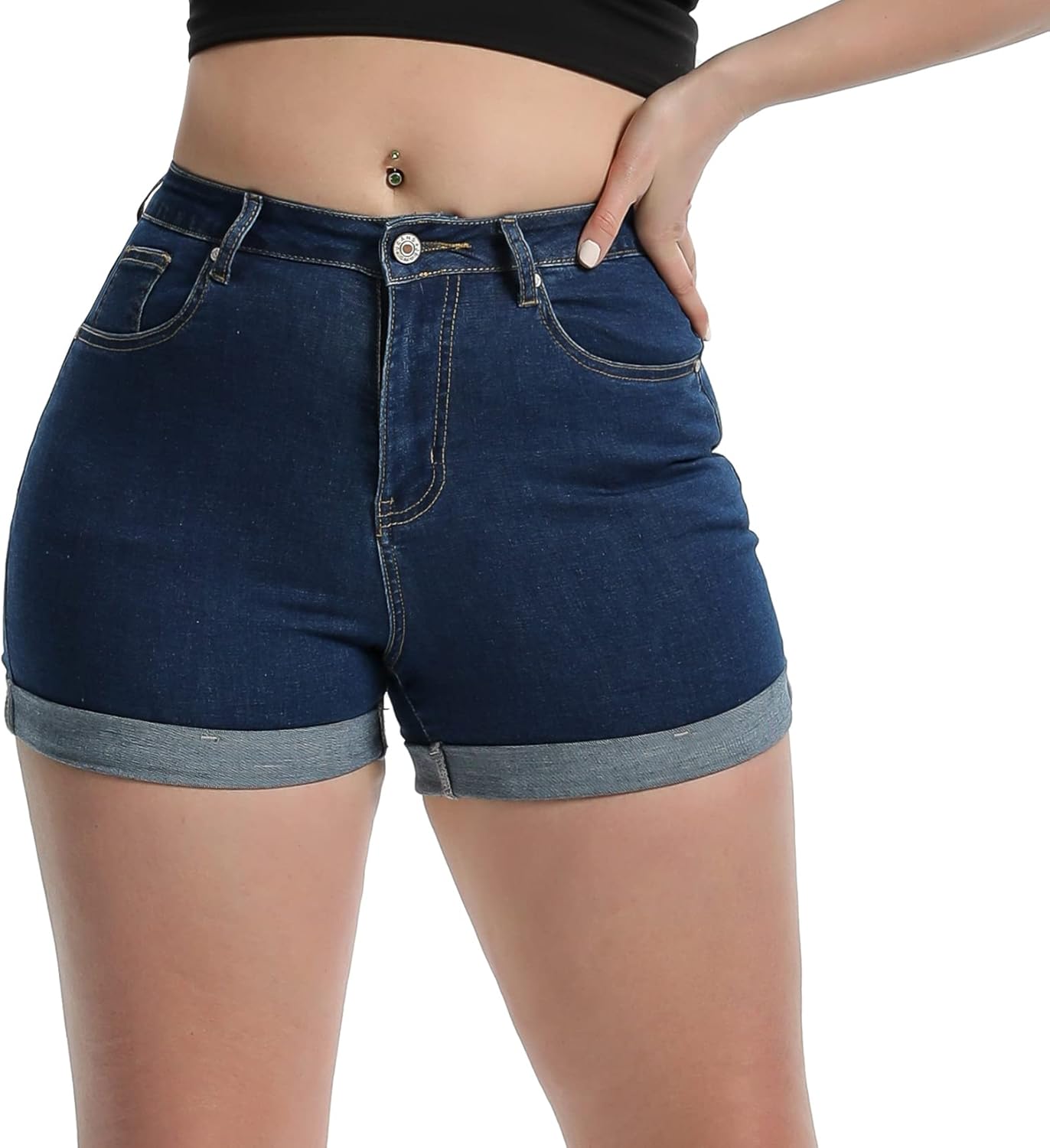 Laeyzuo Women's High Waisted Stretch Jean Shorts Foldead Hem Fashion Denim Shorts